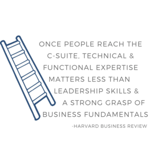 Once people reach the c-suite, technical and functional expertise matters less than leadership skills and a strong grasp of business fundamentals